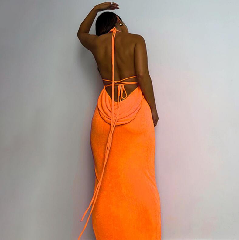 Lemiya Backless Lace up Hanging Night Dress-Orange
