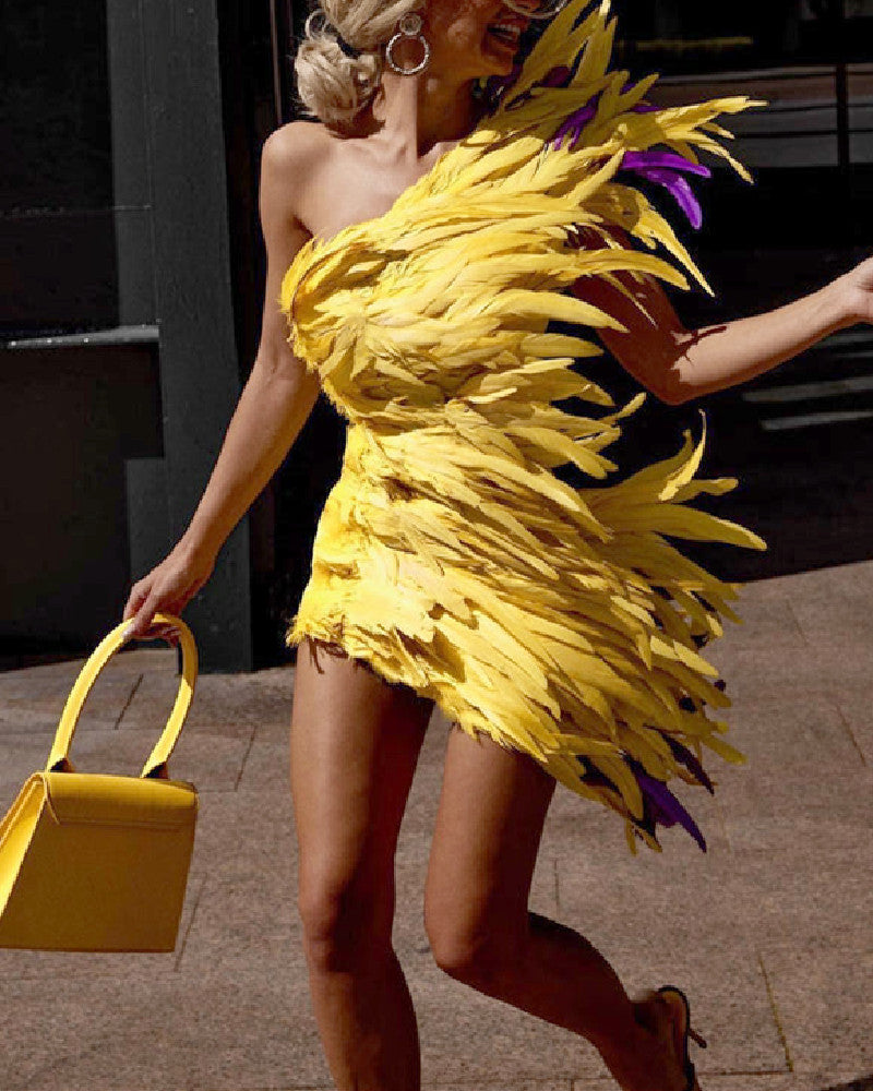 Elegant Drama Feather Party Sleeveless Dress