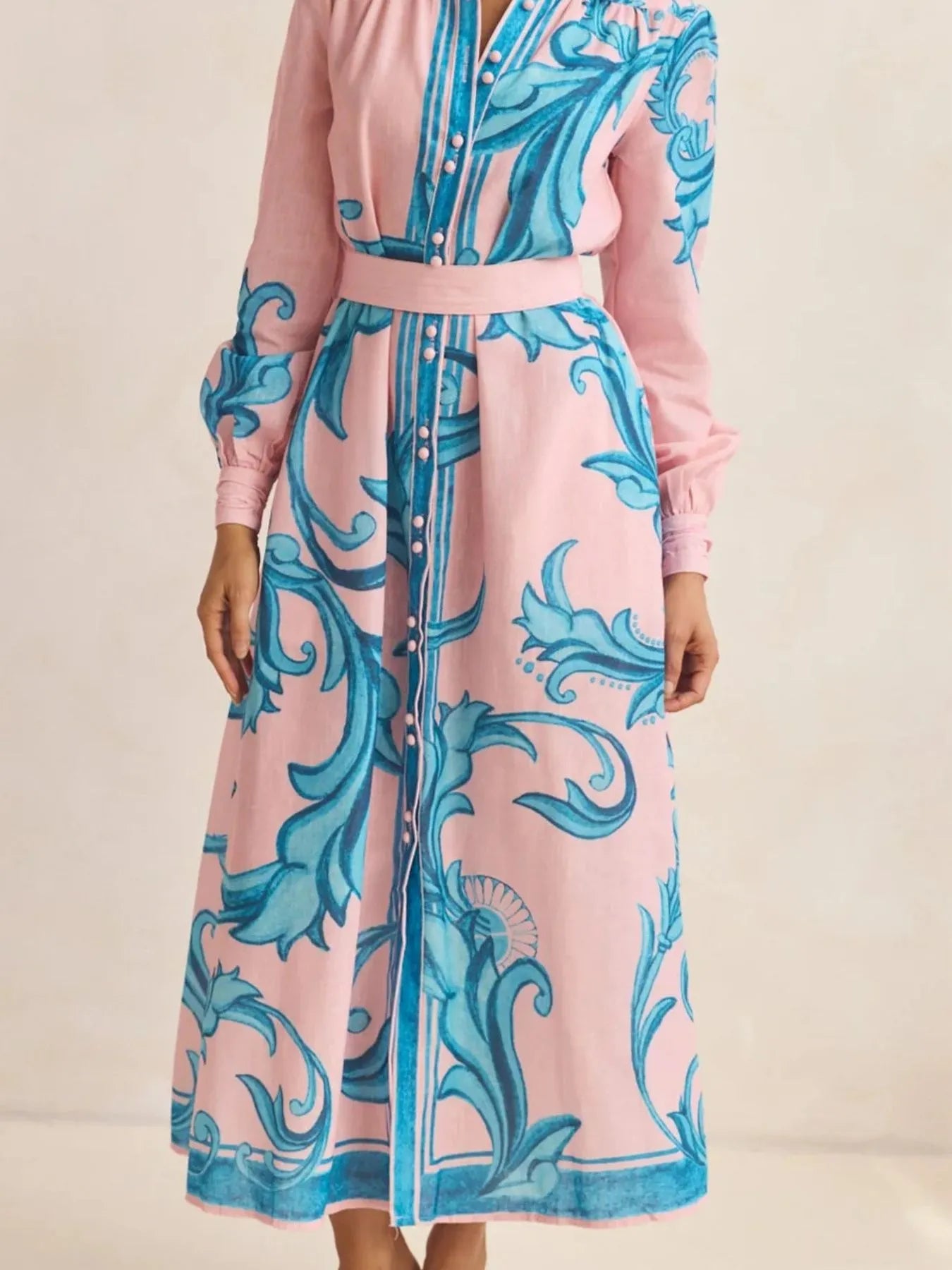 Printed Button Down Belted Shirt Dress