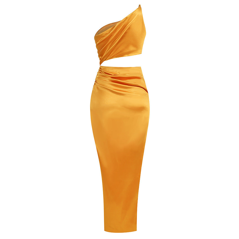 Tara Slant Shoulder High Slit Satin Celeb Dress