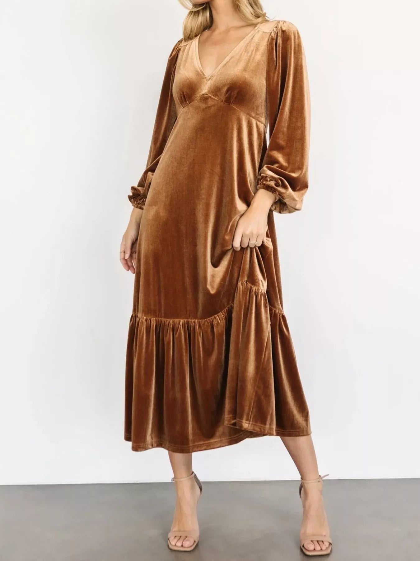 Velvet Tiered Long Sleeve Midi Dress