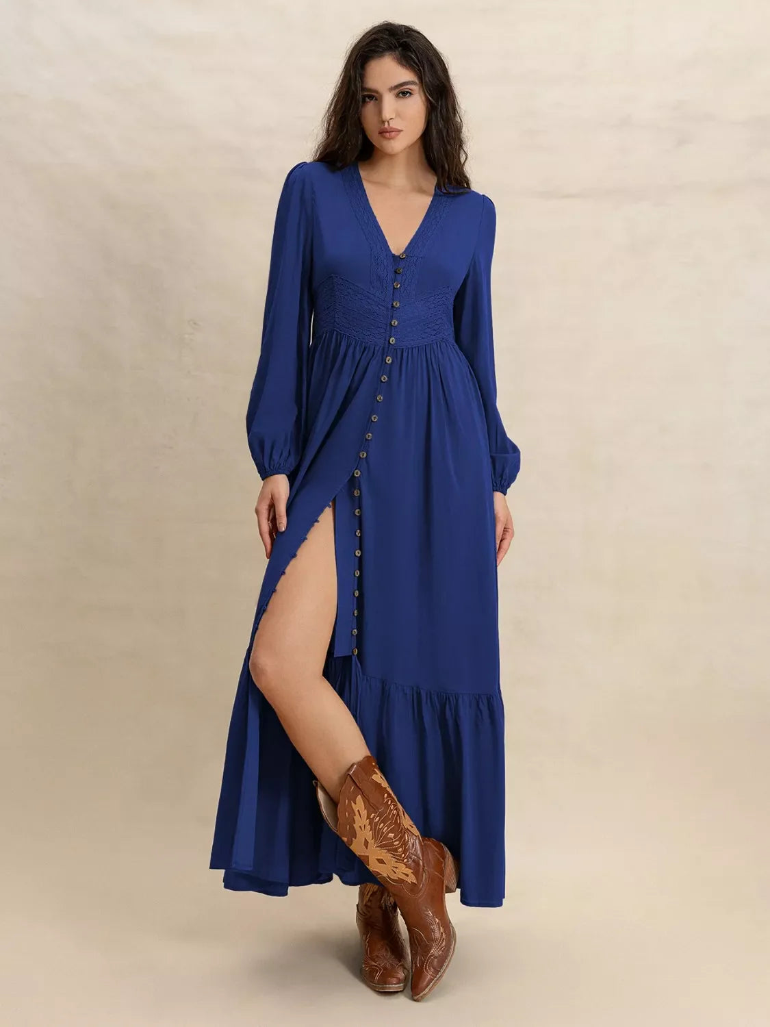Long Sleeve Button-Front Maxi Dress
