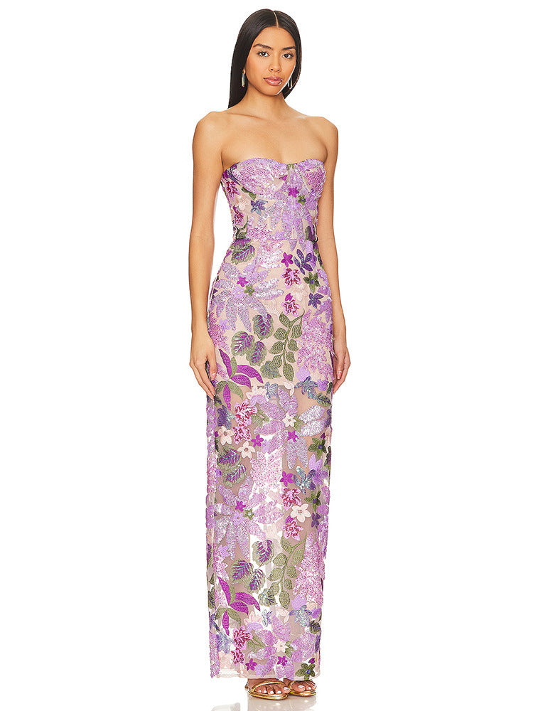 Aleka strapless mesh sequin maxi backless dress