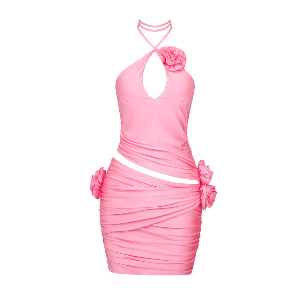 Multi Dime Halter Flower Sheath Dress