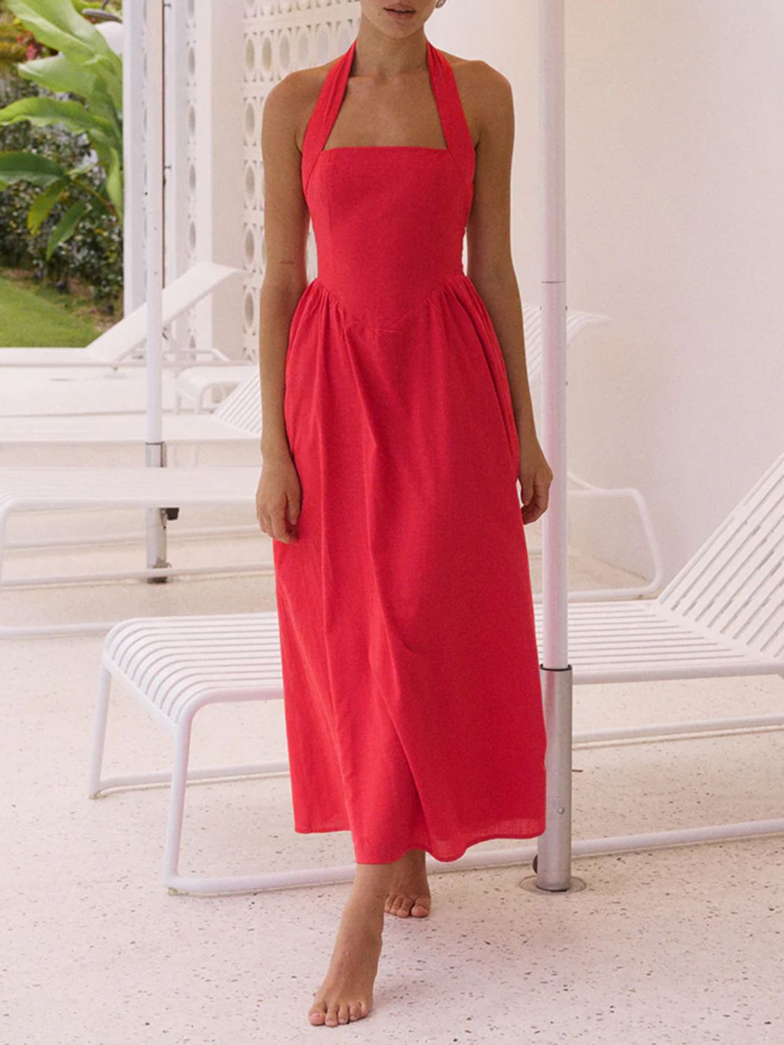 Alera Devine Ruched Halter Neck Midi Dress