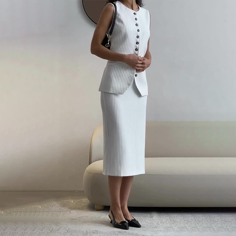 Round-neck Striped Vest High Waist A- Line Skirt Suit