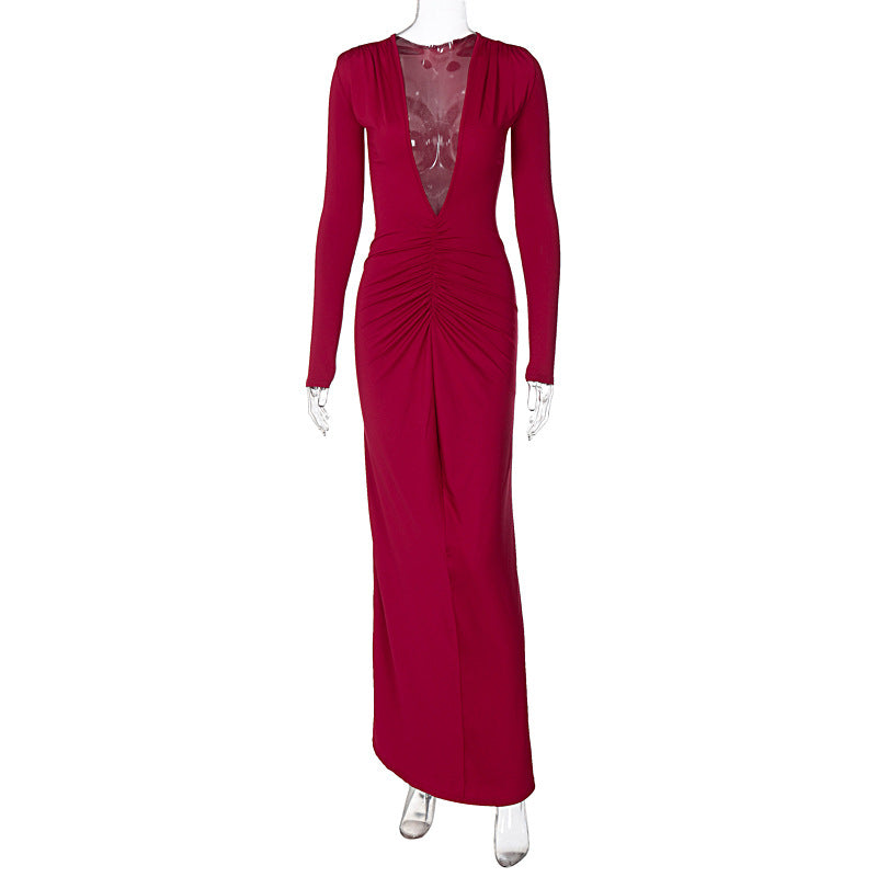 V-neck Slim Fit Pleated Long Sleeve Dress