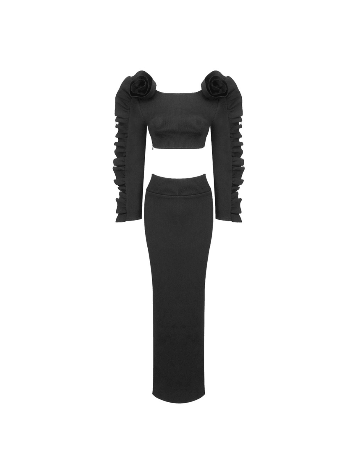 Flat lay of the Eduardo Long Sleeve Flower Skirt Set styled with accessories, perfect for a fashionable outing.