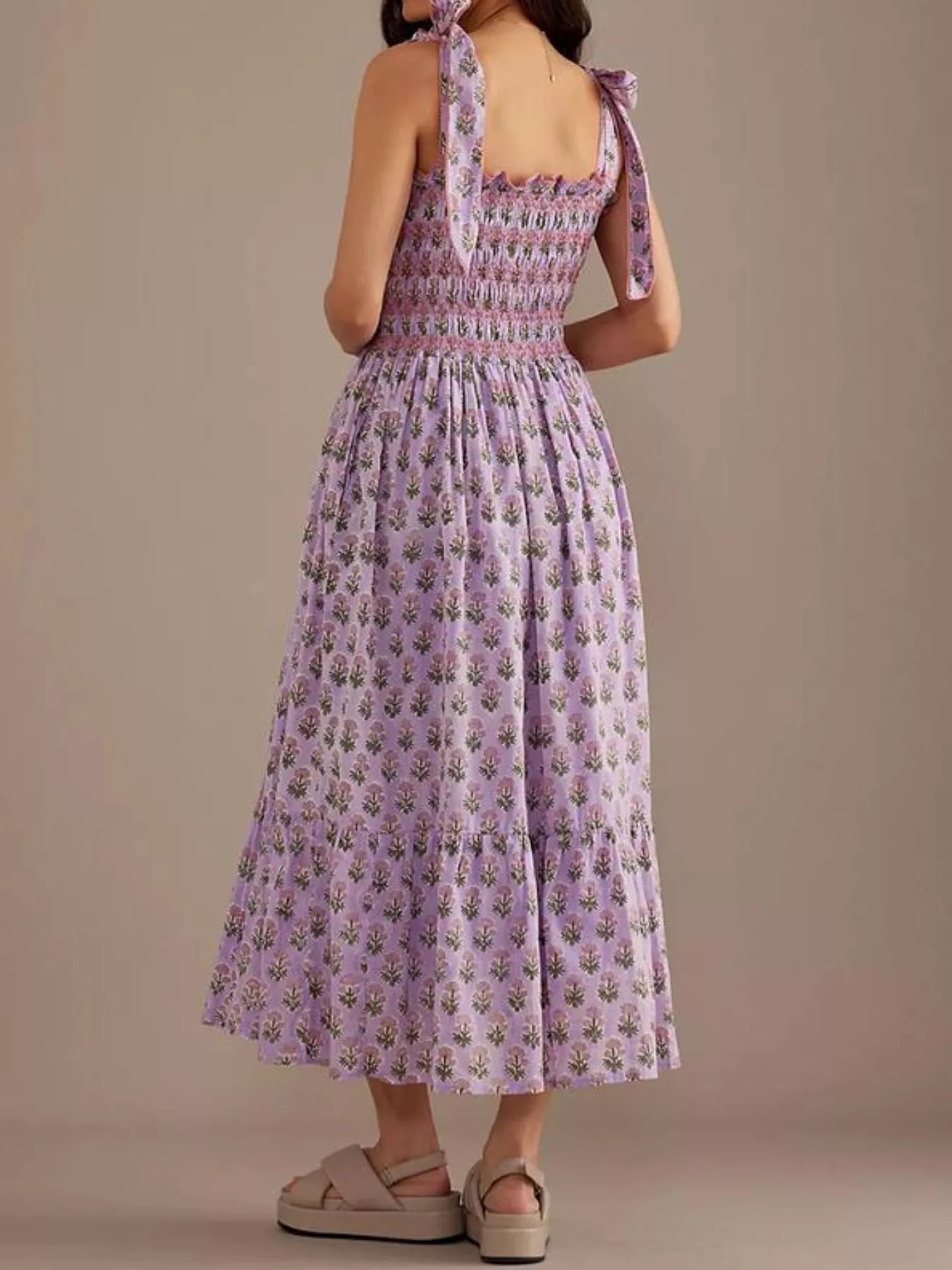 Floral Smocked Tie-Shoulder Midi Dress