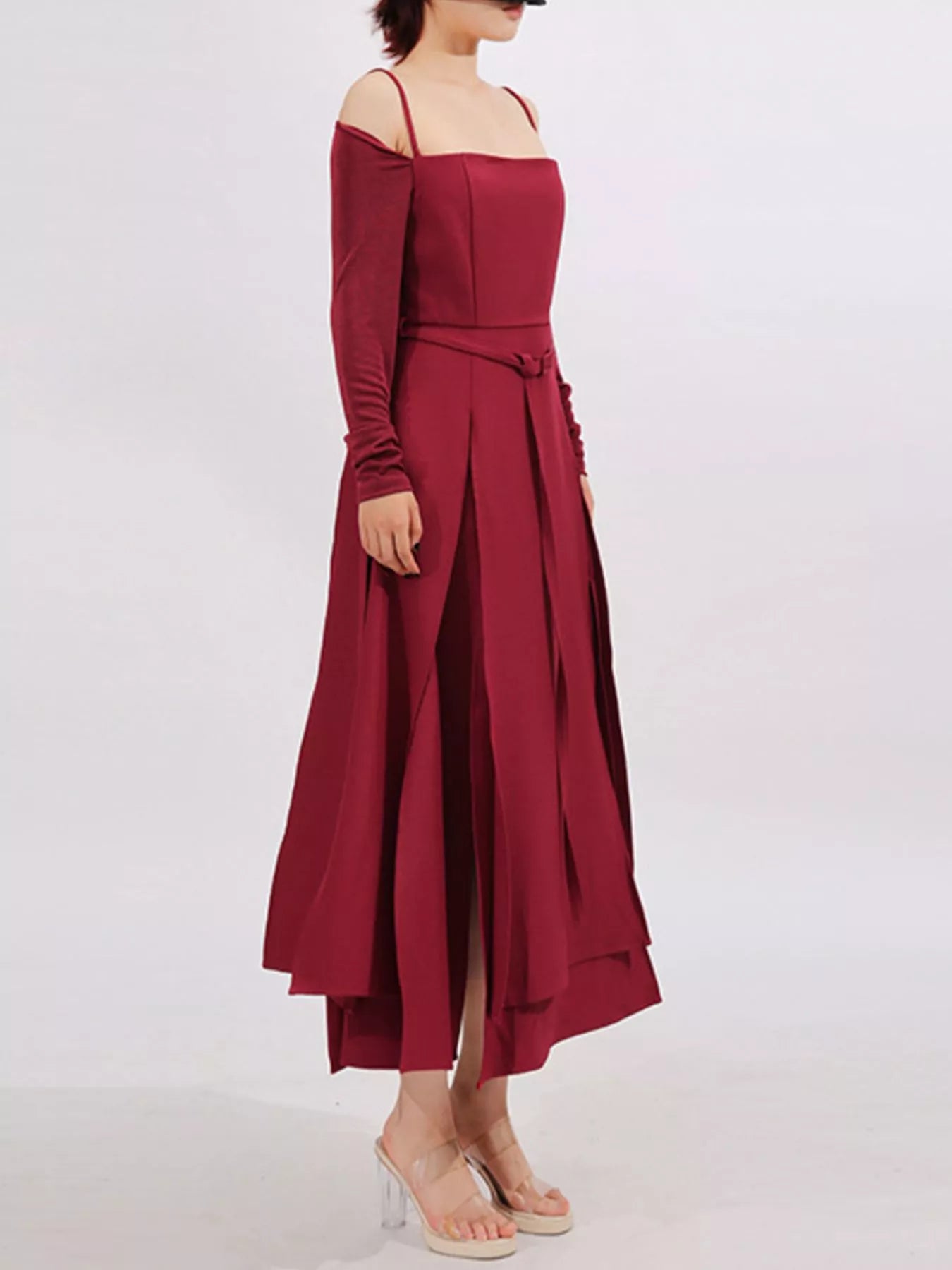 Slit Spaghetti Strap Long Sleeve Dress