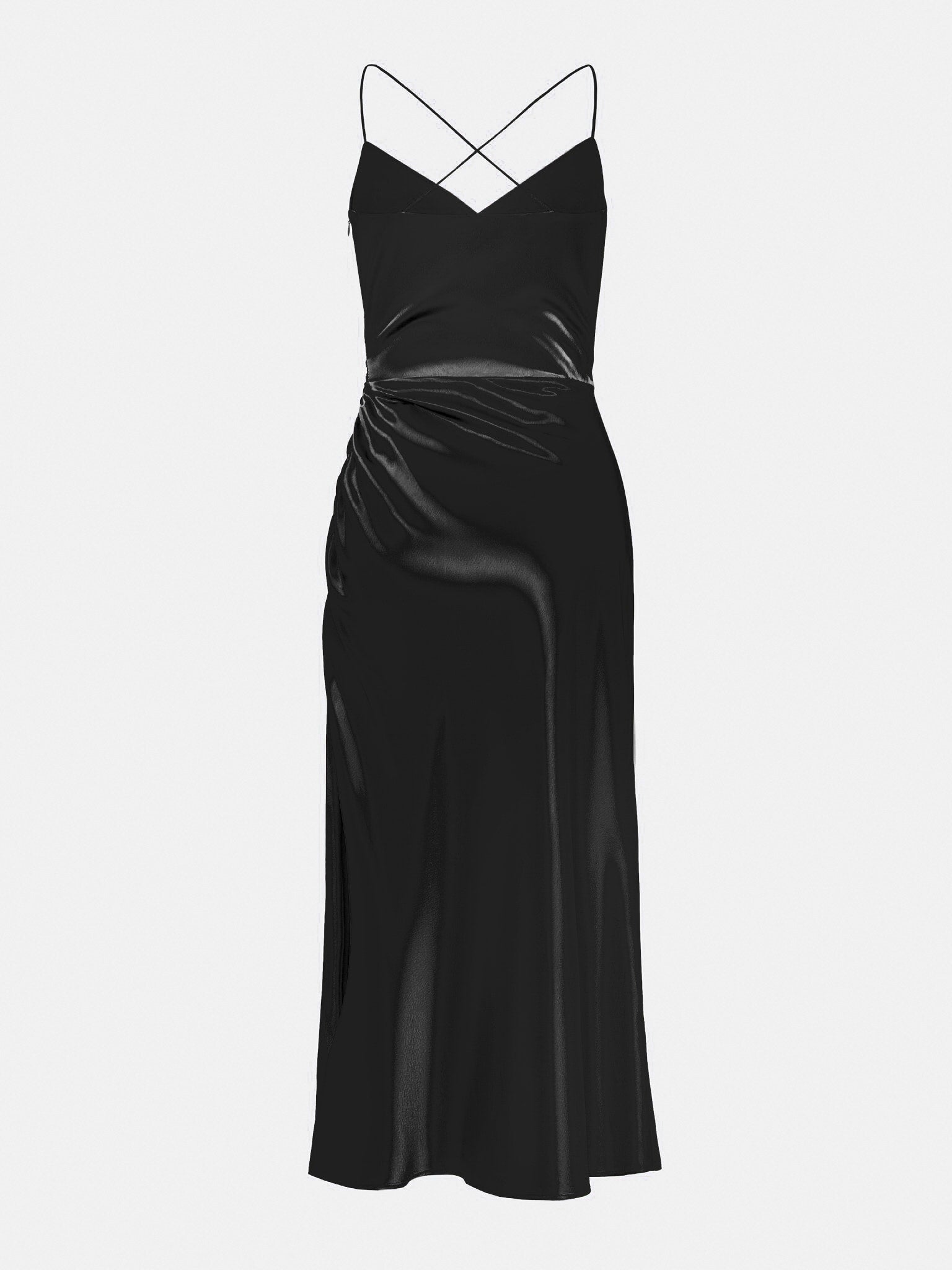 Satin V-neck Side Gathered Dress