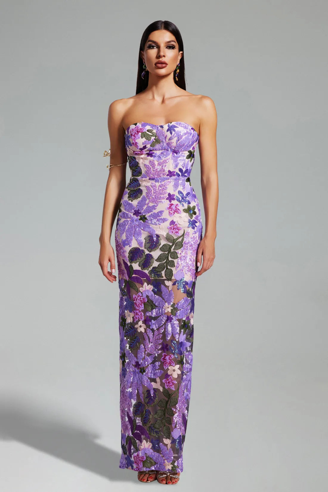 Aleka strapless mesh sequin maxi backless dress