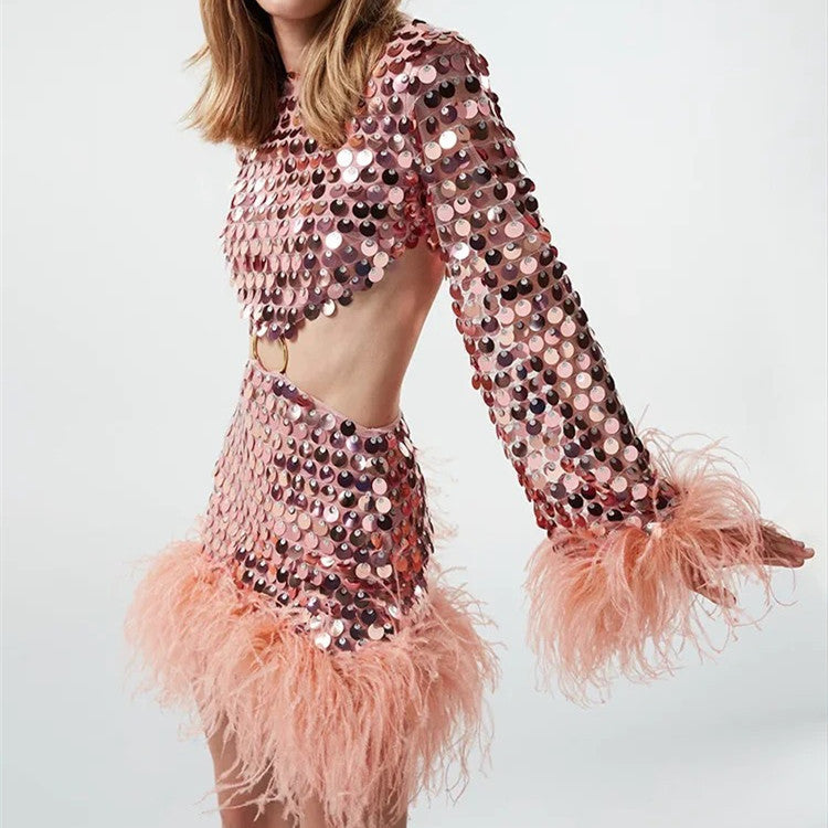 Derika Sequined Sleeved Hollow Dress