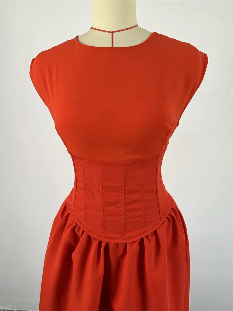 Halter Neck Cinched High Waist Fishbone A-line Skirt