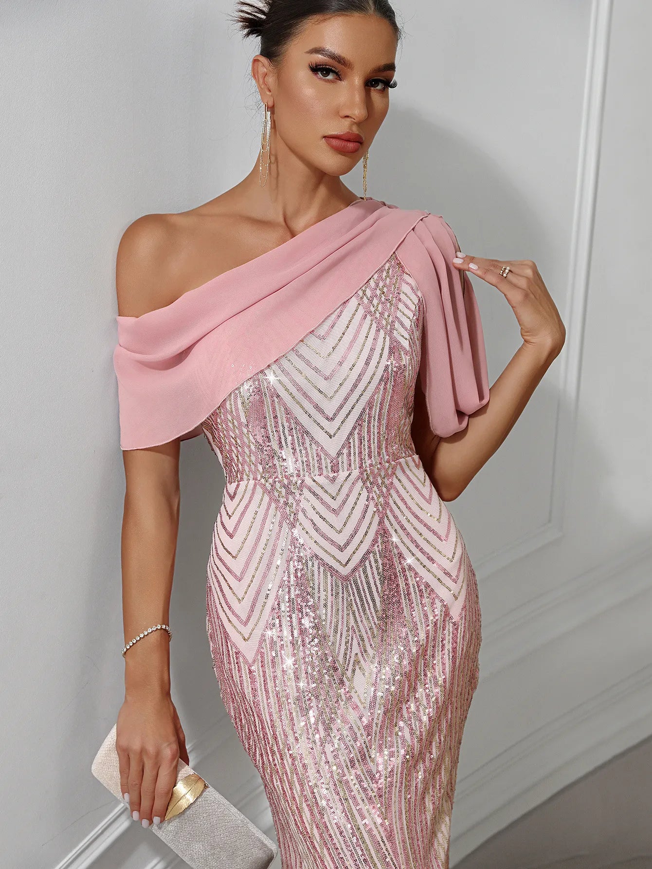 Elegant One-shoulder Sequin Party Maxi Dress