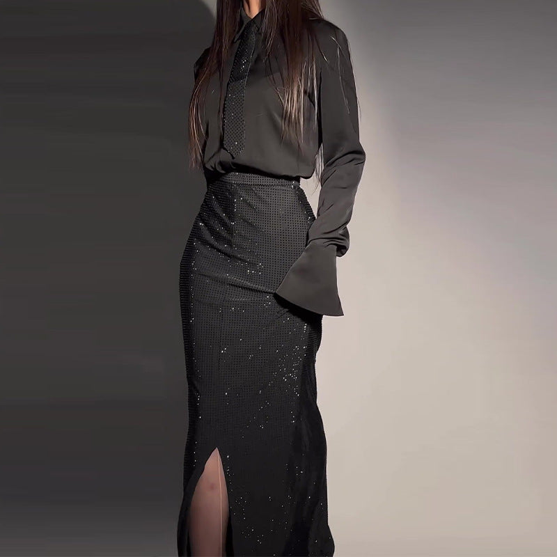 Rhei Diamond Split Wrap Black Set Dress