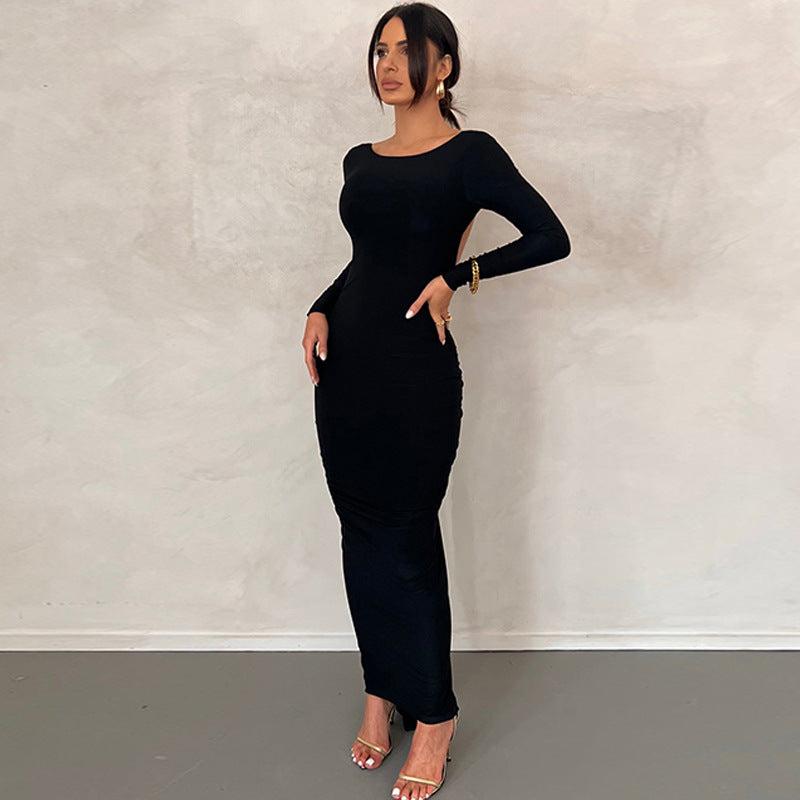 Backless Pleated Long Elegant Slim Dress