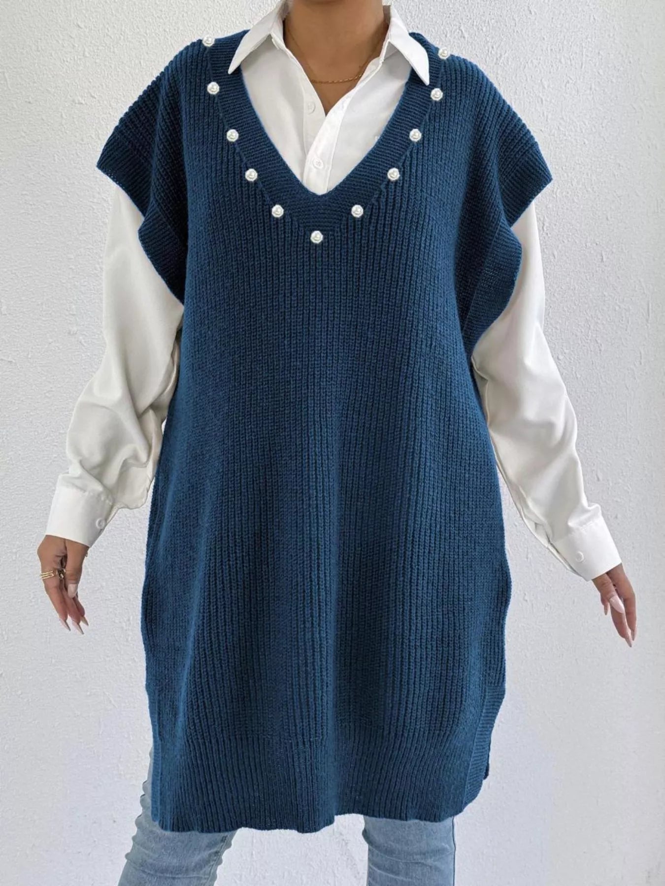Slit V-Neck Sweater Dress