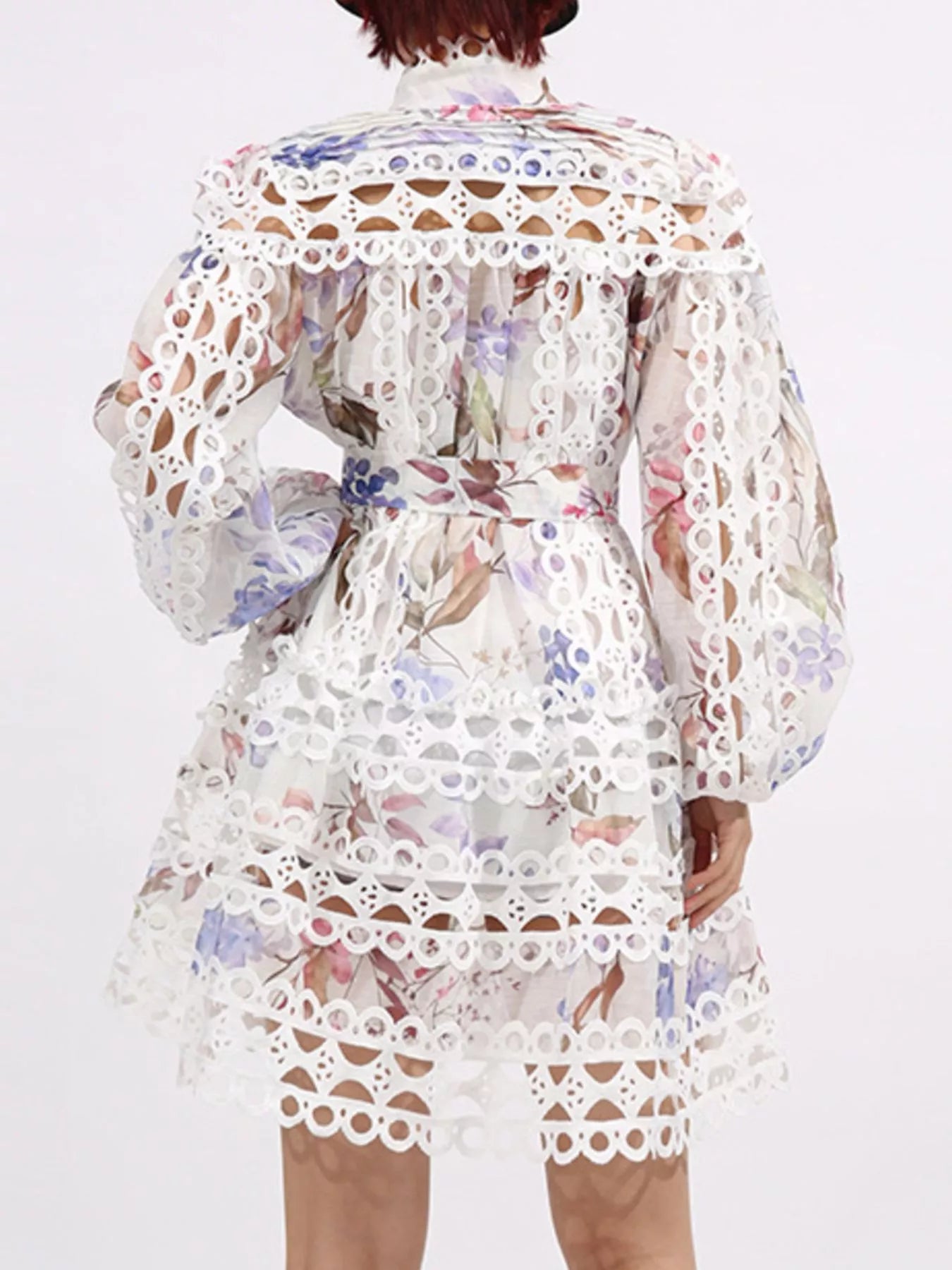 Lace Eyelet Mini Dress with Balloon Sleeves