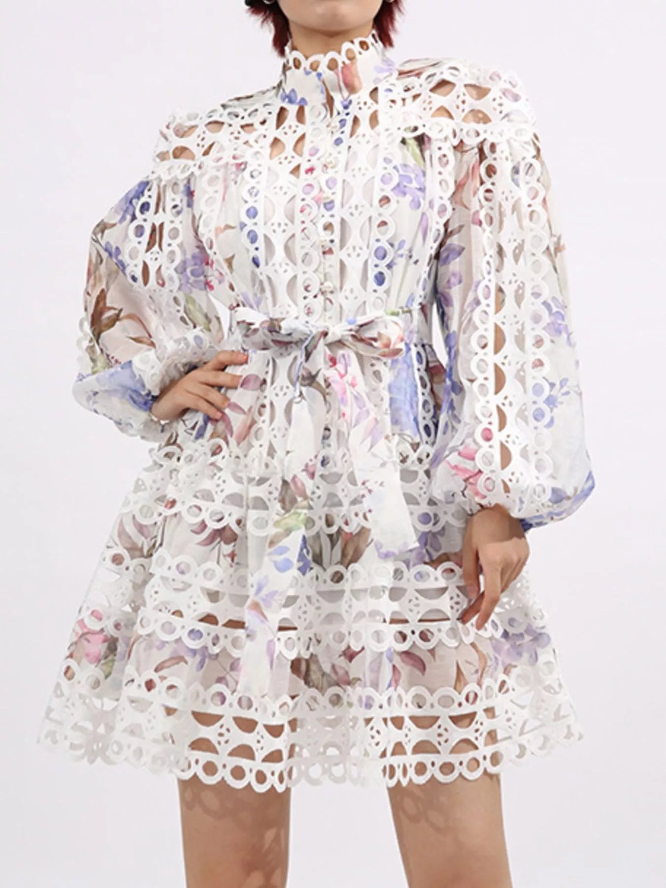 Lace Eyelet Mini Dress with Balloon Sleeves