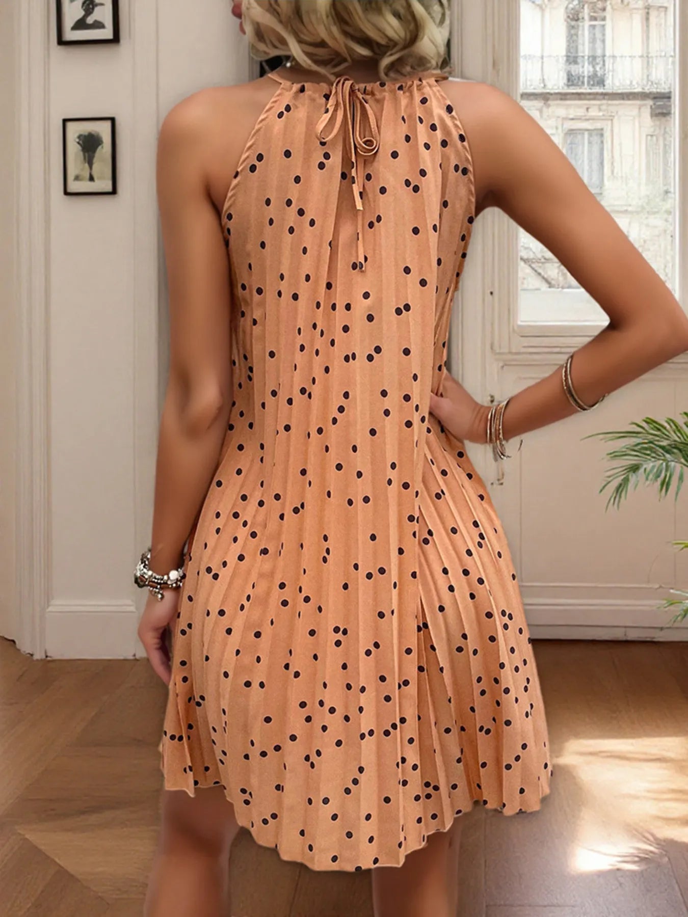 Polka Dot Halter Neck Pleated Mini Dress