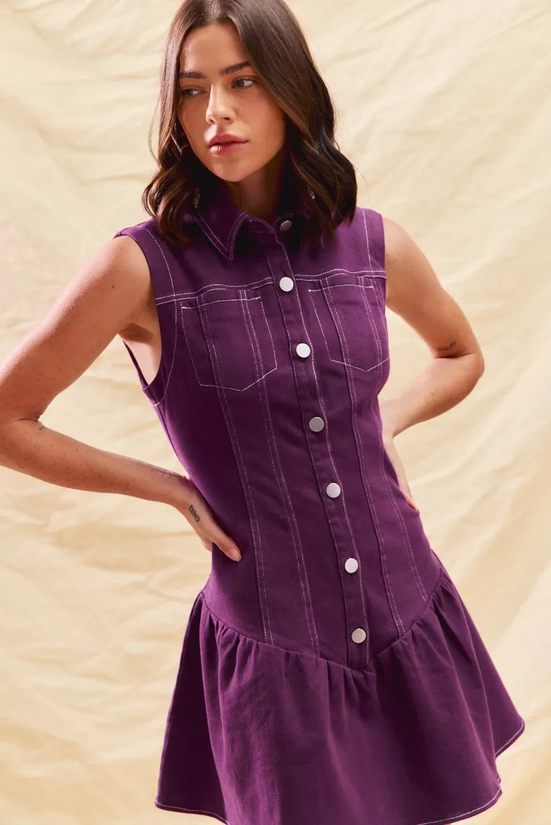 SO ME Button Down Sleeveless Collared Game Day Mini Dress