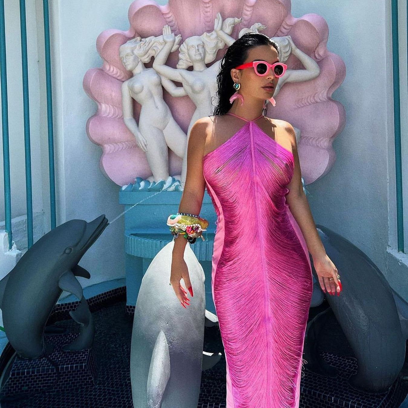 CELEB FUR IRREGULAR MAXI DRESS-PINK