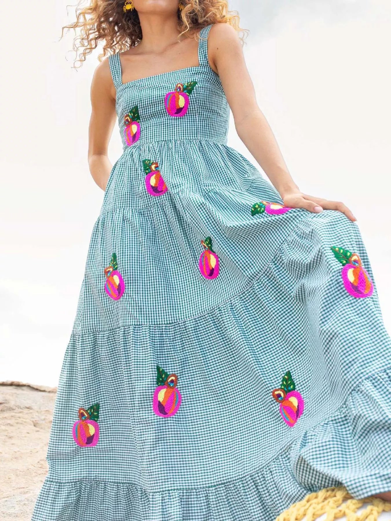 Embroidered Square Neck Tiered Maxi Cami Dress