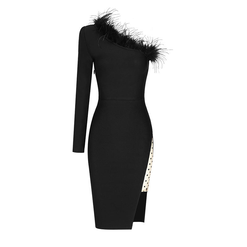 Fur One-shoulder Mesh Dress