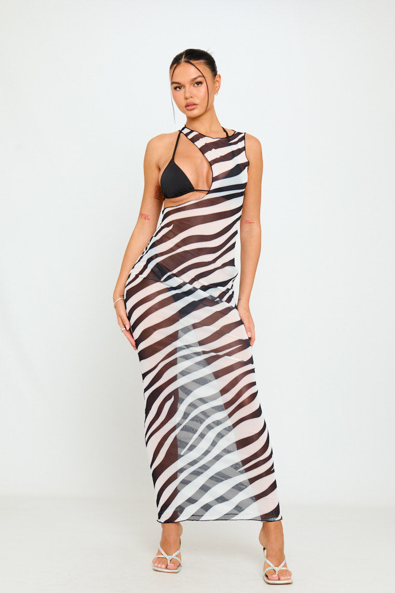 Black Sheer Mesh Zebra Maxi Cutout Dress