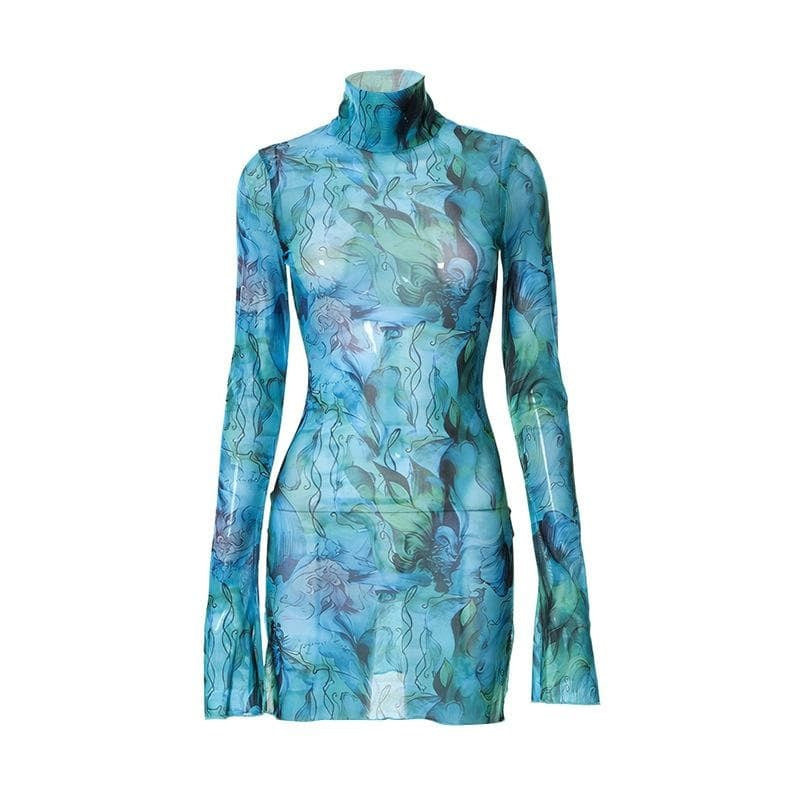 Mesh Round Neck Bell Sleeve Mini Dress