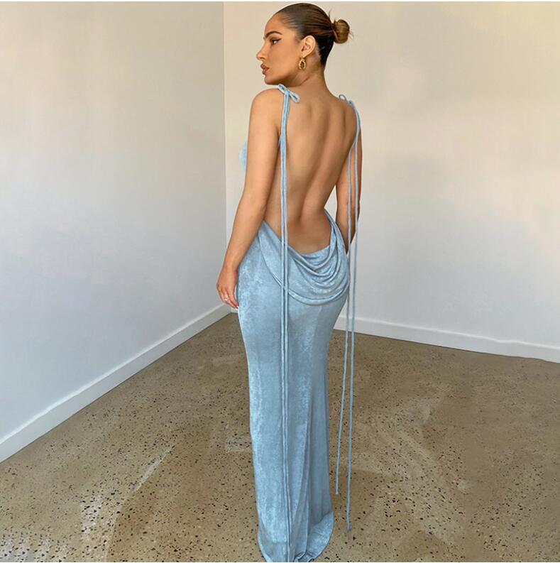 Lemiya Backless Lace up Hanging Night Dress-Blue