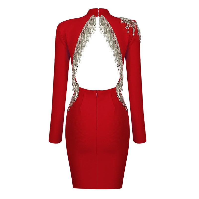 Backless Fringed Diamond Bandage Dress
