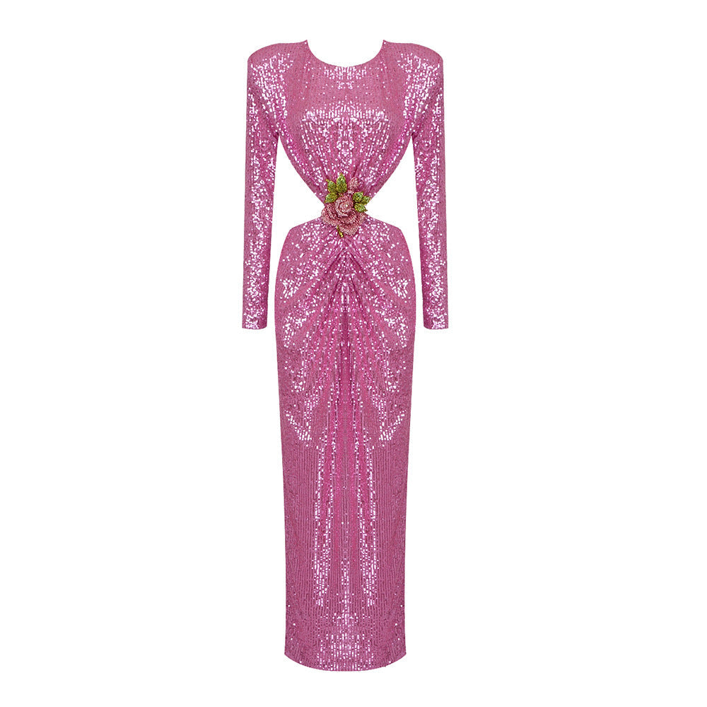 Lesya Round Neck Flower Waist Button Sequin Dress-Pink