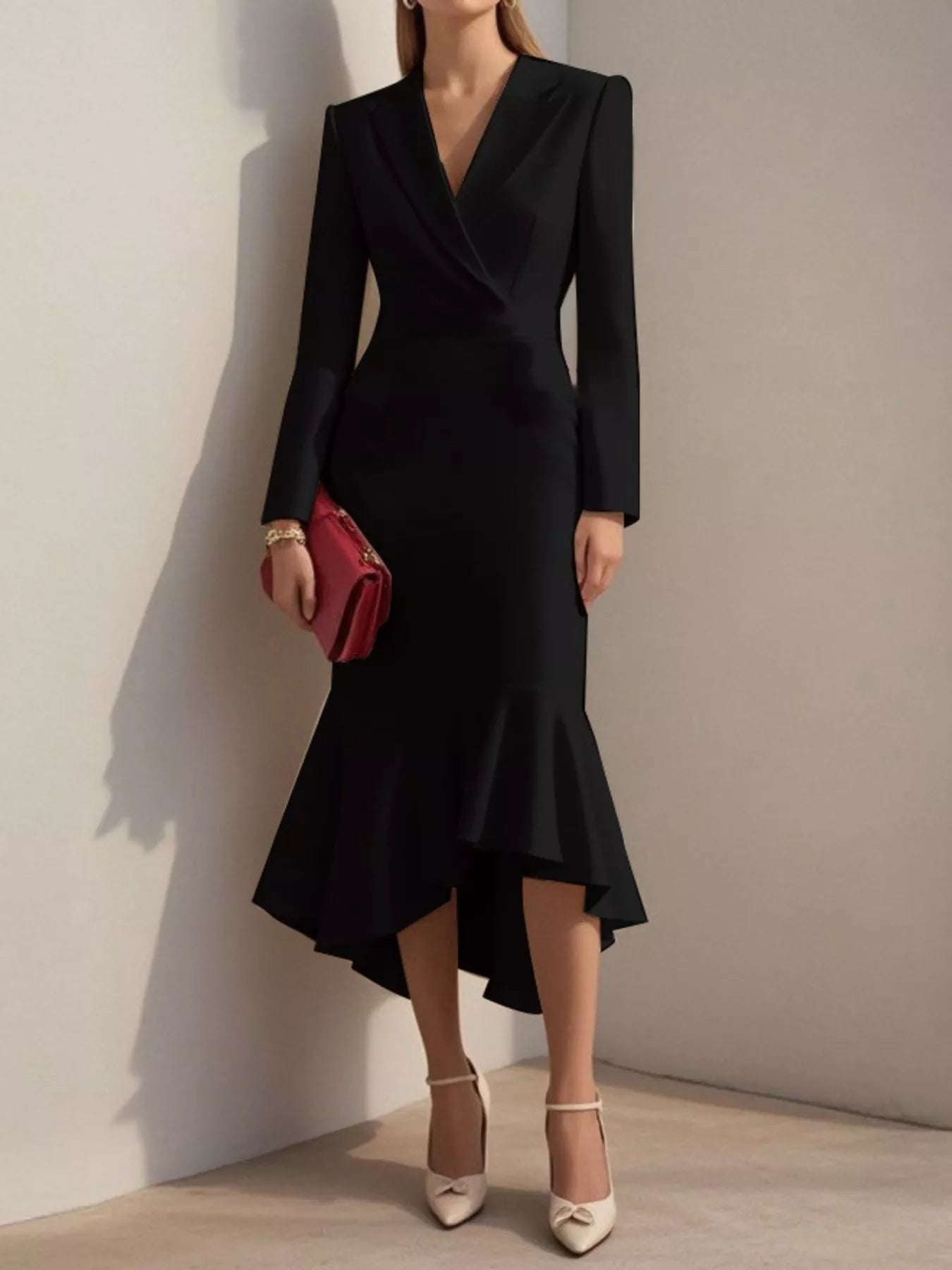 Ruffled Hem Long Sleeve Midi Blazer Dress