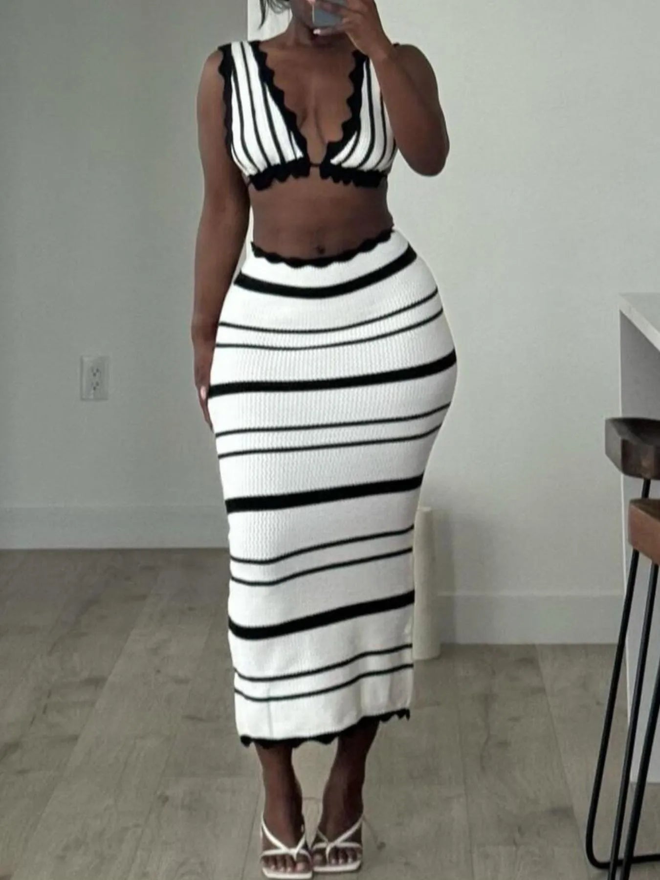 Striped Cami and Midi Skirt Sweater Set