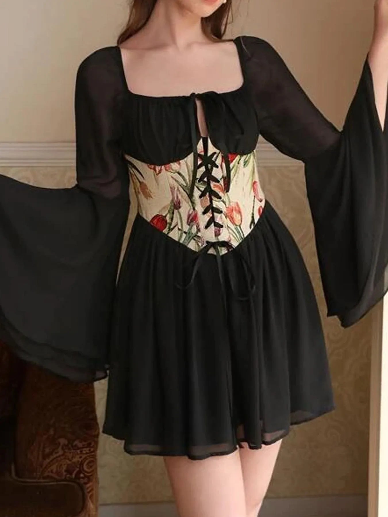 Floral Lace Up Long Sleeve Mini Dress