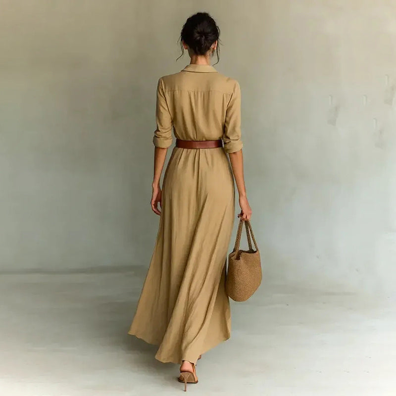 Long Sleeve Ruched Button-Down Maxi Dress with Waist Belt