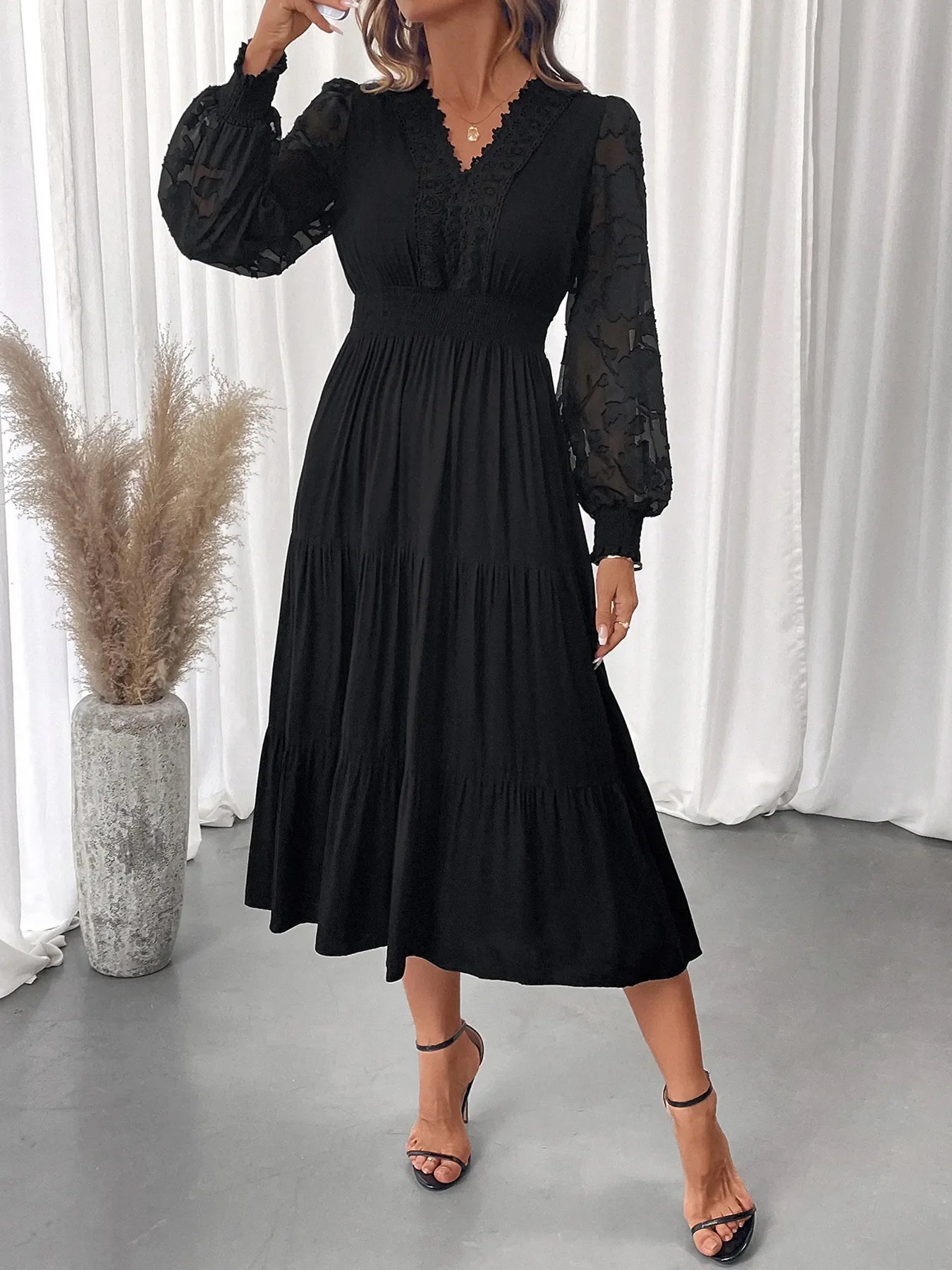 Lace Detail Lantern Sleeve Tiered Dress
