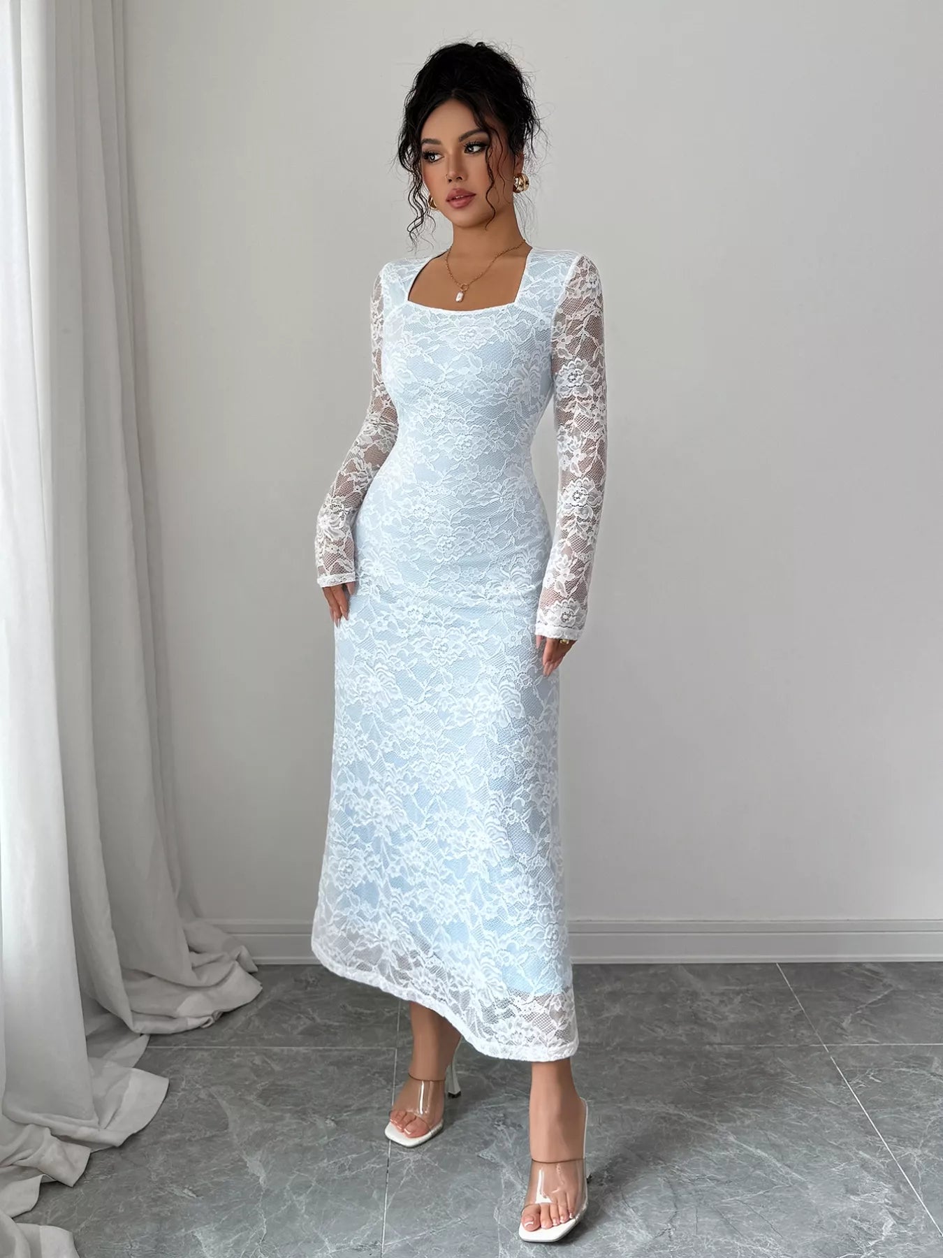 Lace Long Sleeve Square Neck Maxi Dress