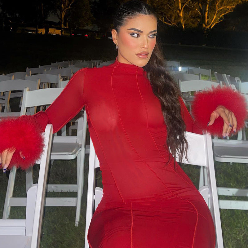 Stand Collar Wool Long Sleeve Backless Feather Dress