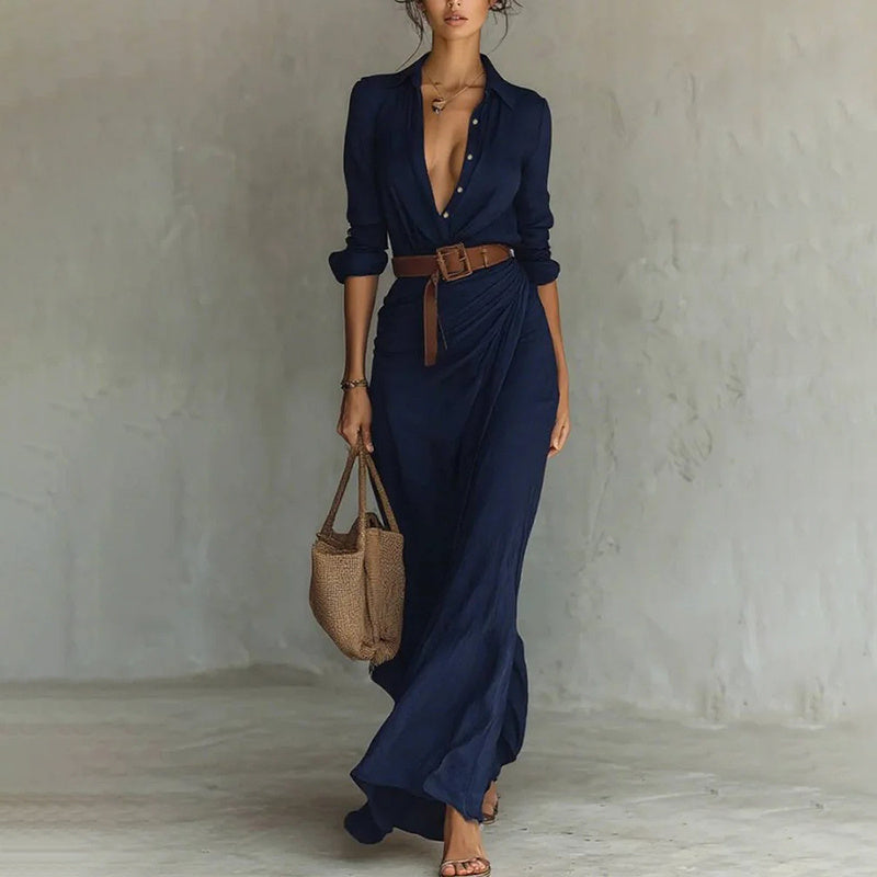 Long Sleeve Ruched Button-Down Maxi Dress with Waist Belt
