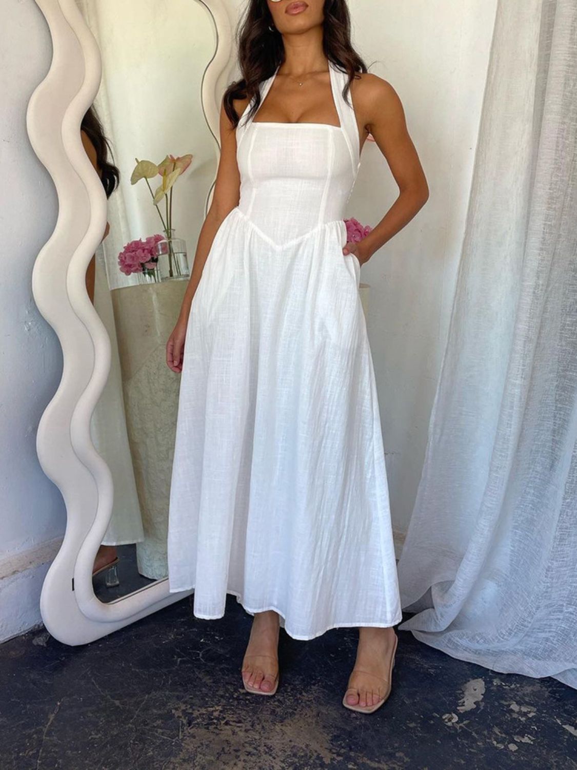 Alera Devine Ruched Halter Neck Midi Dress