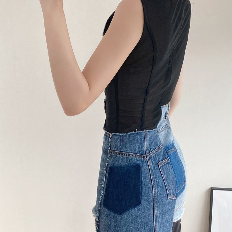 DENIM ROUND NECK MINI DRESS