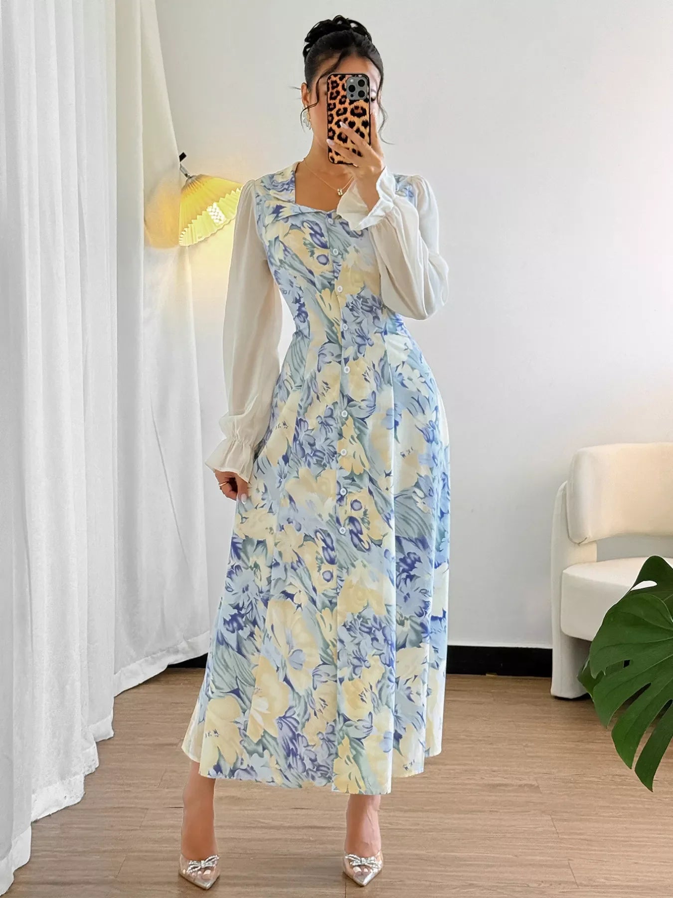 Floral Print Sheer Flounce Sleeves Dress