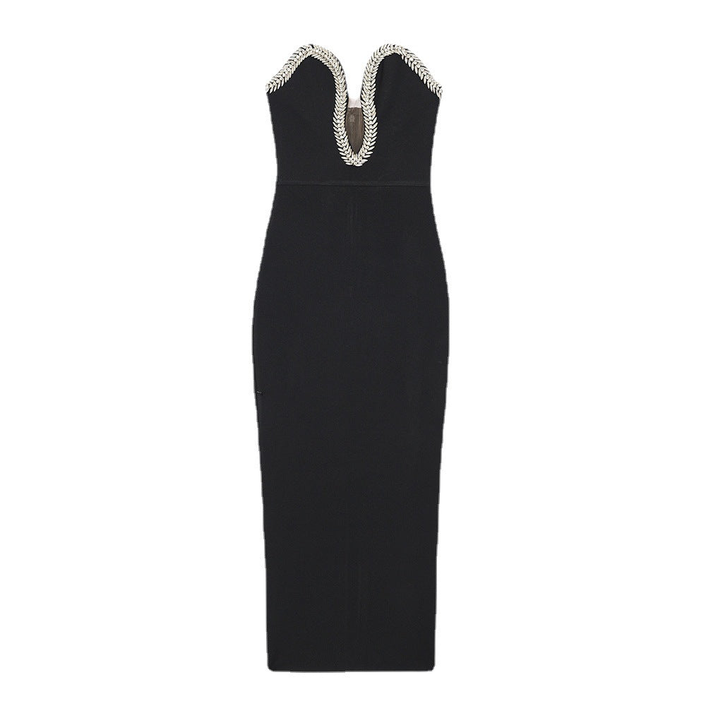 Chic Strapless V-Neck Midi Party Wear