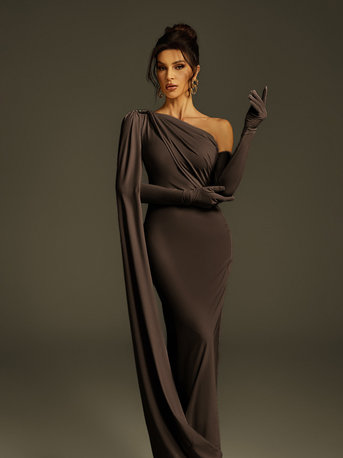 Jehiel One Shoulder Draped Maxi Dress In Brown