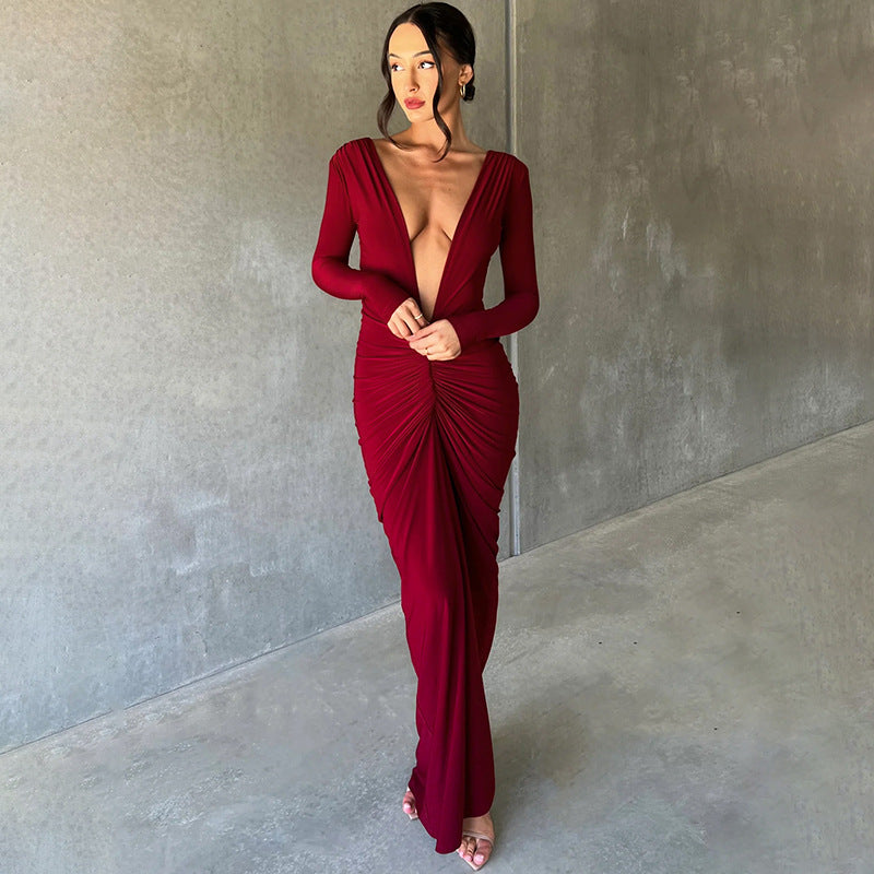 V-neck Slim Fit Pleated Long Sleeve Dress