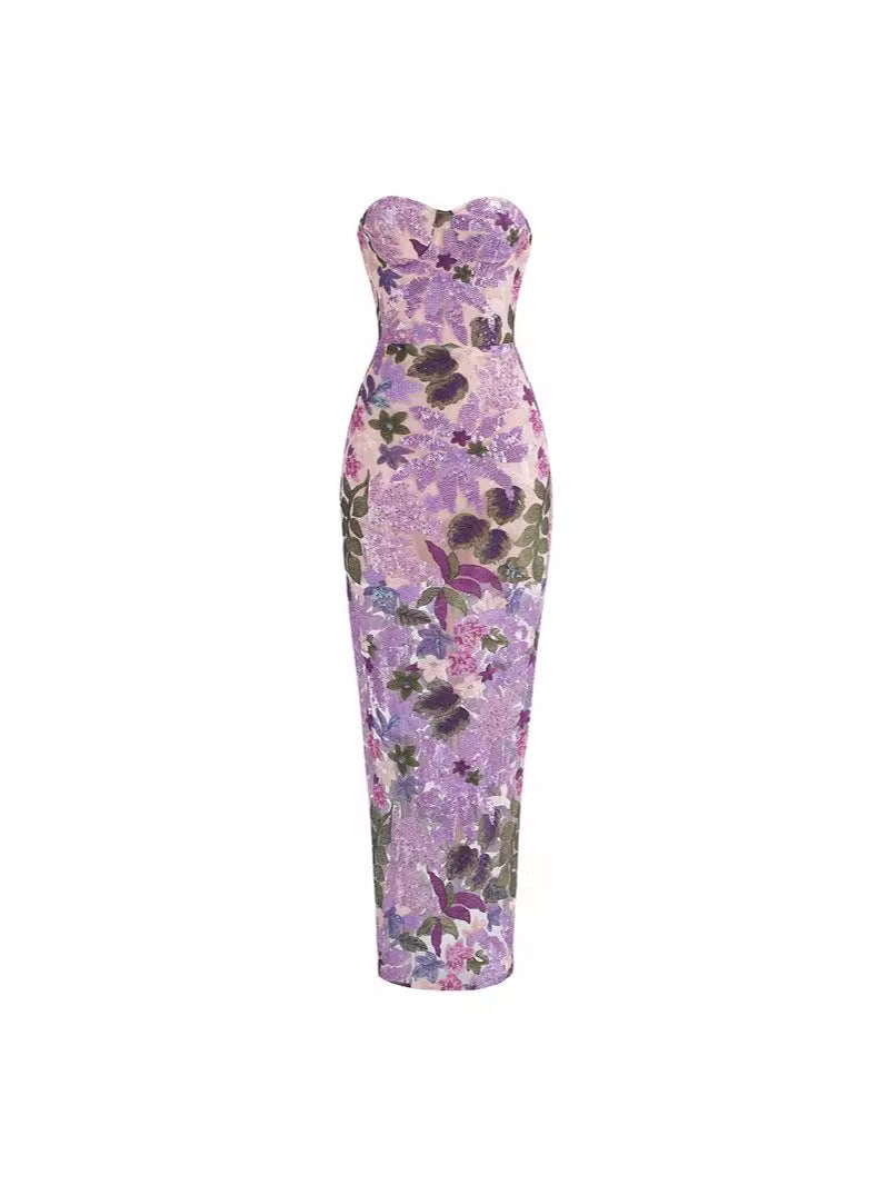 Aleka strapless mesh sequin maxi backless dress