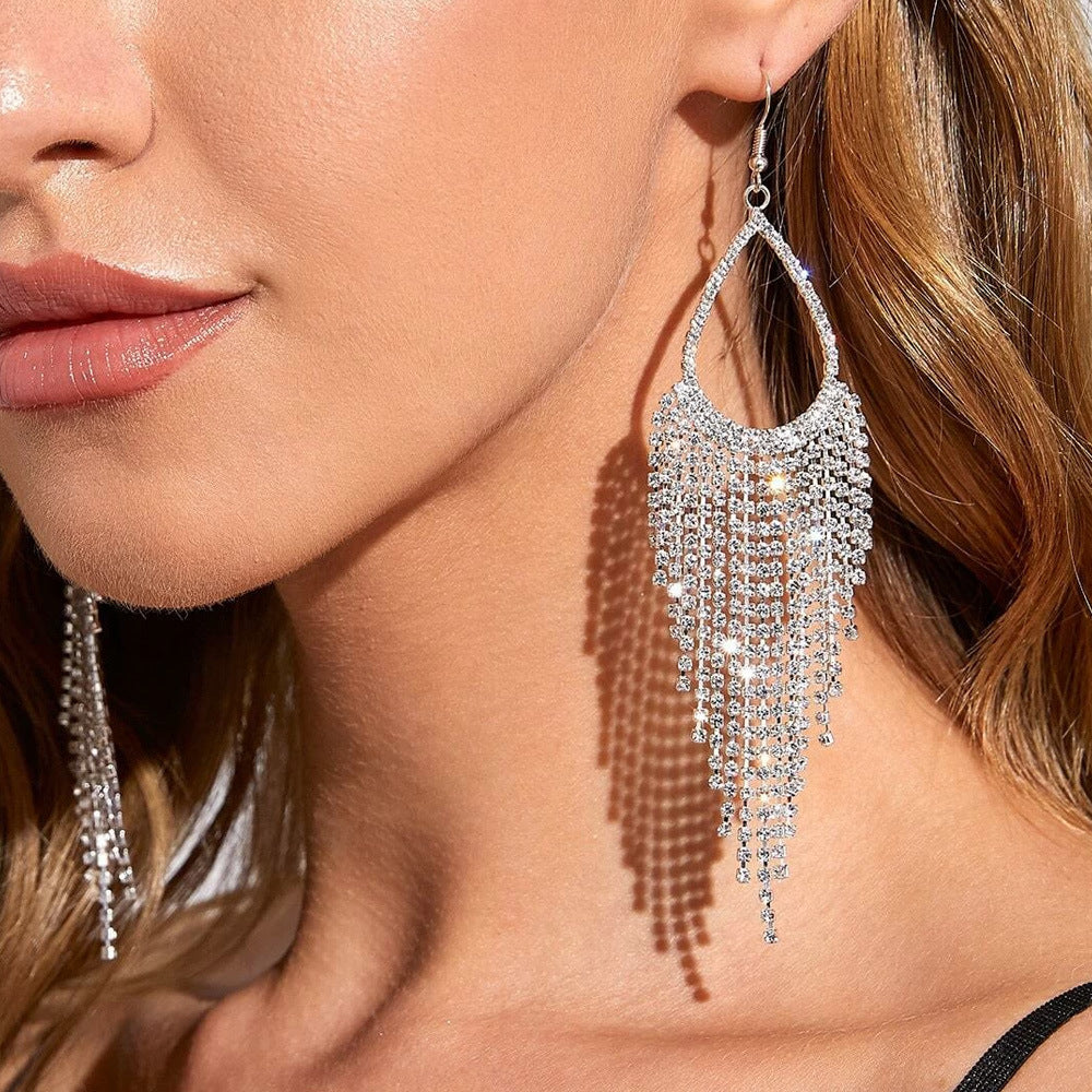 Tassel Shiny Long Rhinestone-encrusted Earrings
